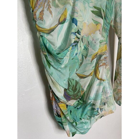Marciano Women's Small Teal Green Tropical Sheer Ruched Long Sleeve Top Blouse - Picture 3 of 6
